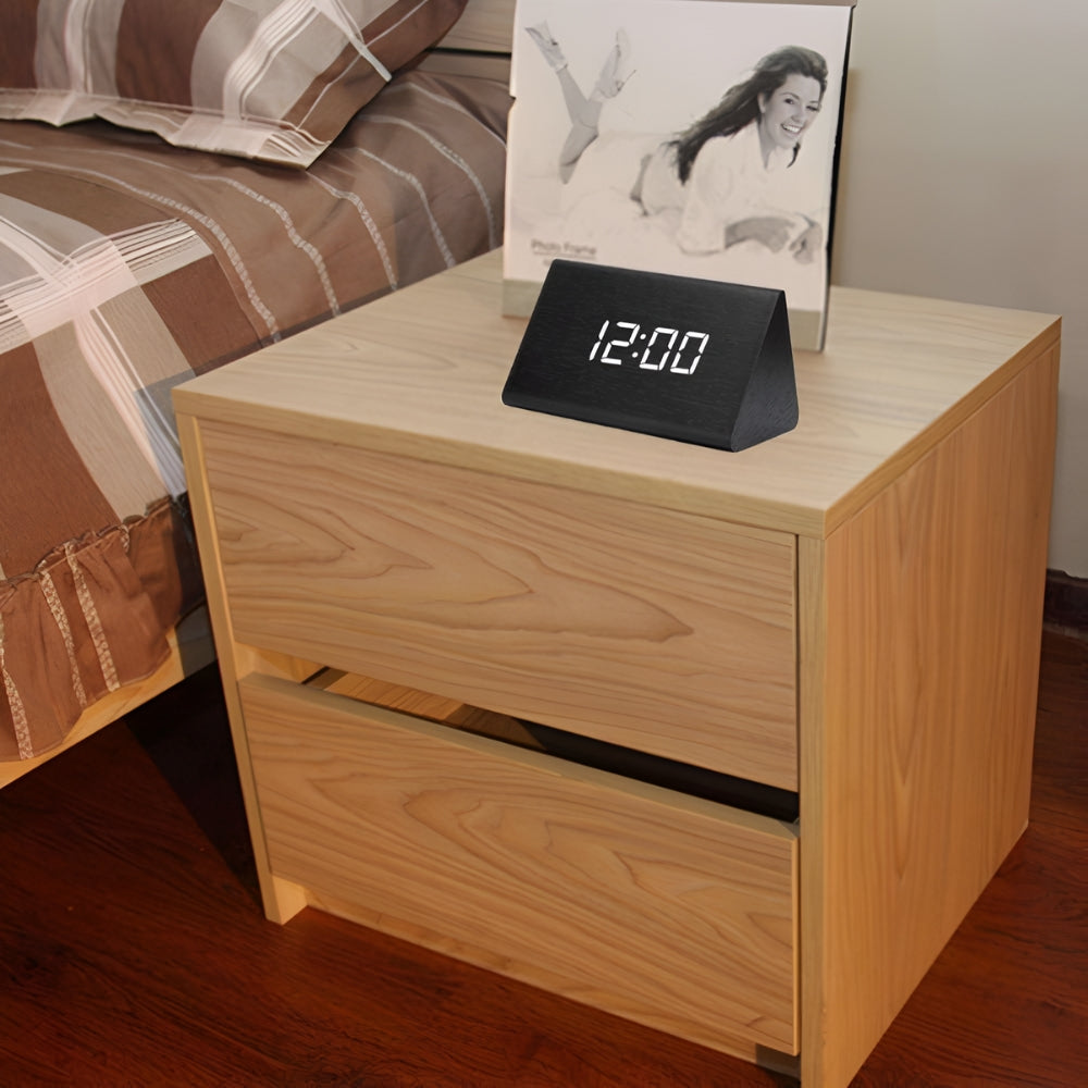 Wooden Triangle LED Alarm Clock with Temperature and Humidity Display
