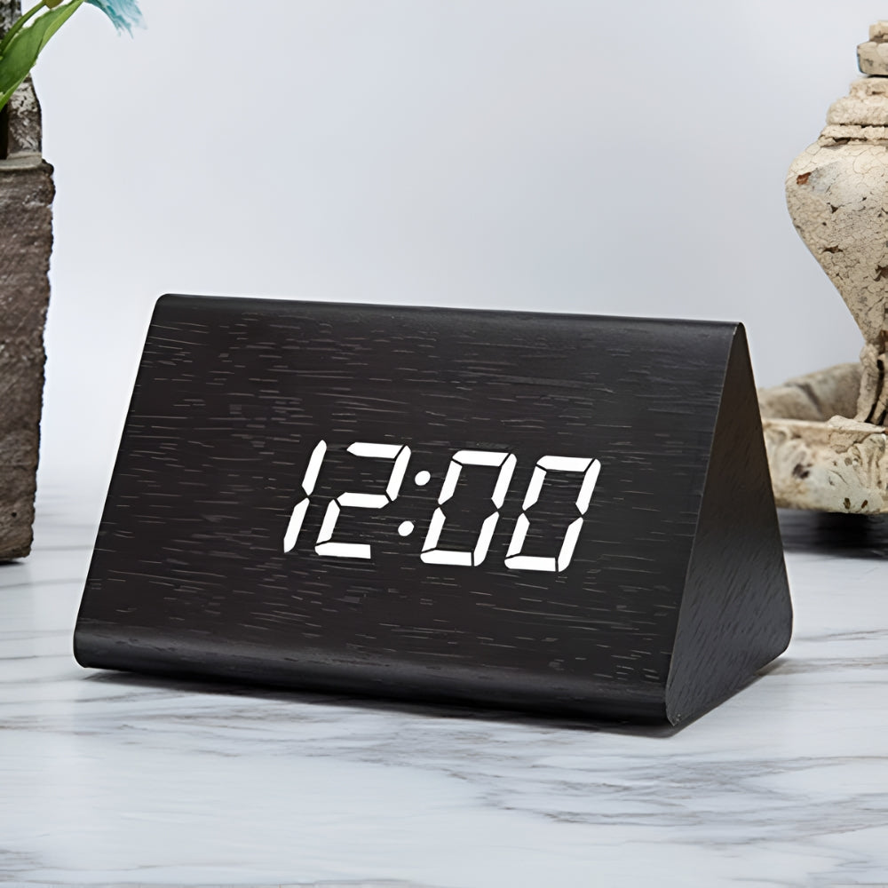 Wooden Triangle LED Alarm Clock with Temperature and Humidity Display