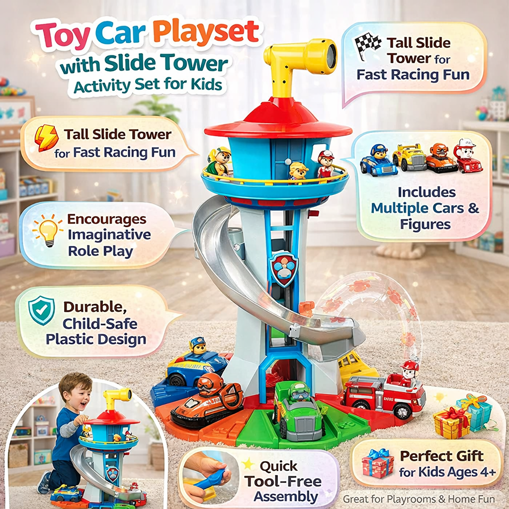 Colorful Toy Car Slide Tower Playset with Spiral Slide and Lookout Station