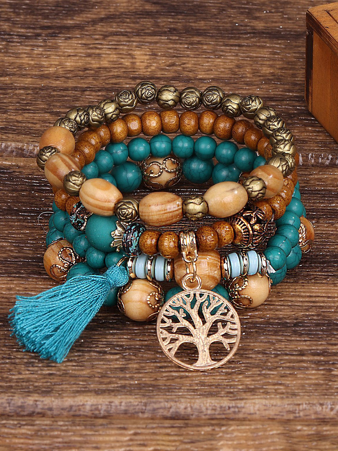 Tree of Life Beaded Bracelet Set with Golden Charm and Tassel
