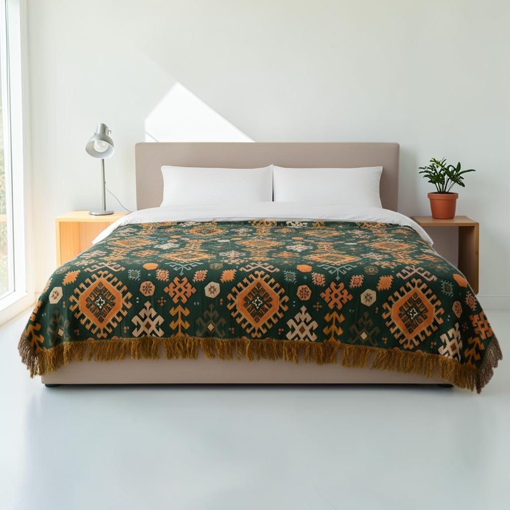 Tribal-Inspired Cotton Fringe Throw Blanket