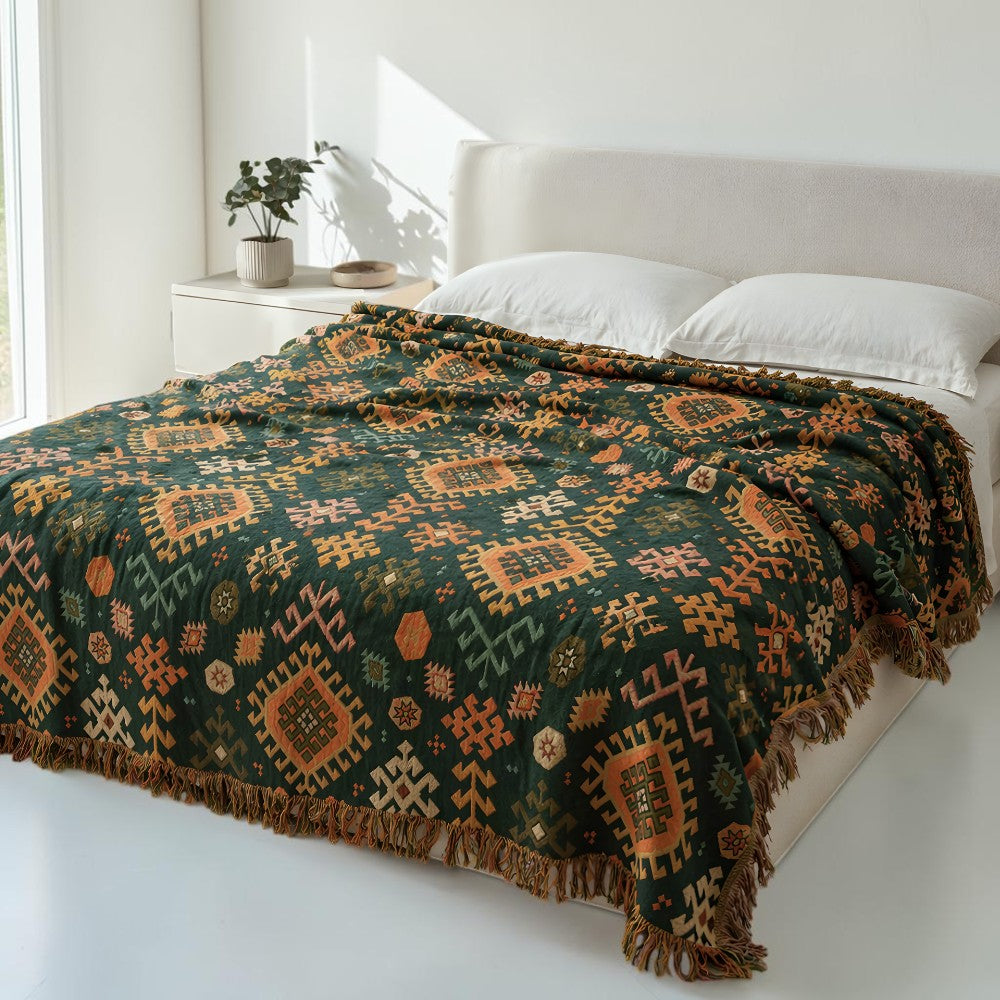 Tribal-Inspired Cotton Fringe Throw Blanket