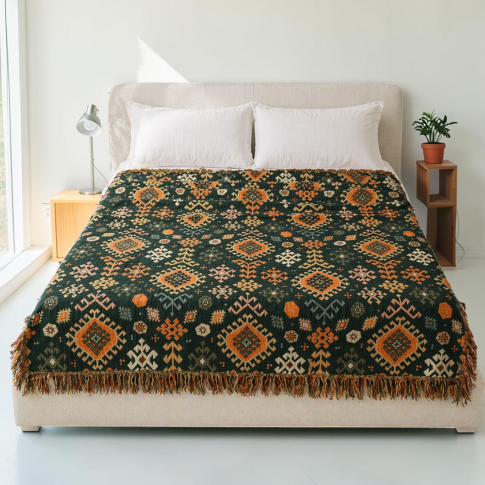 Tribal-Inspired Cotton Fringe Throw Blanket