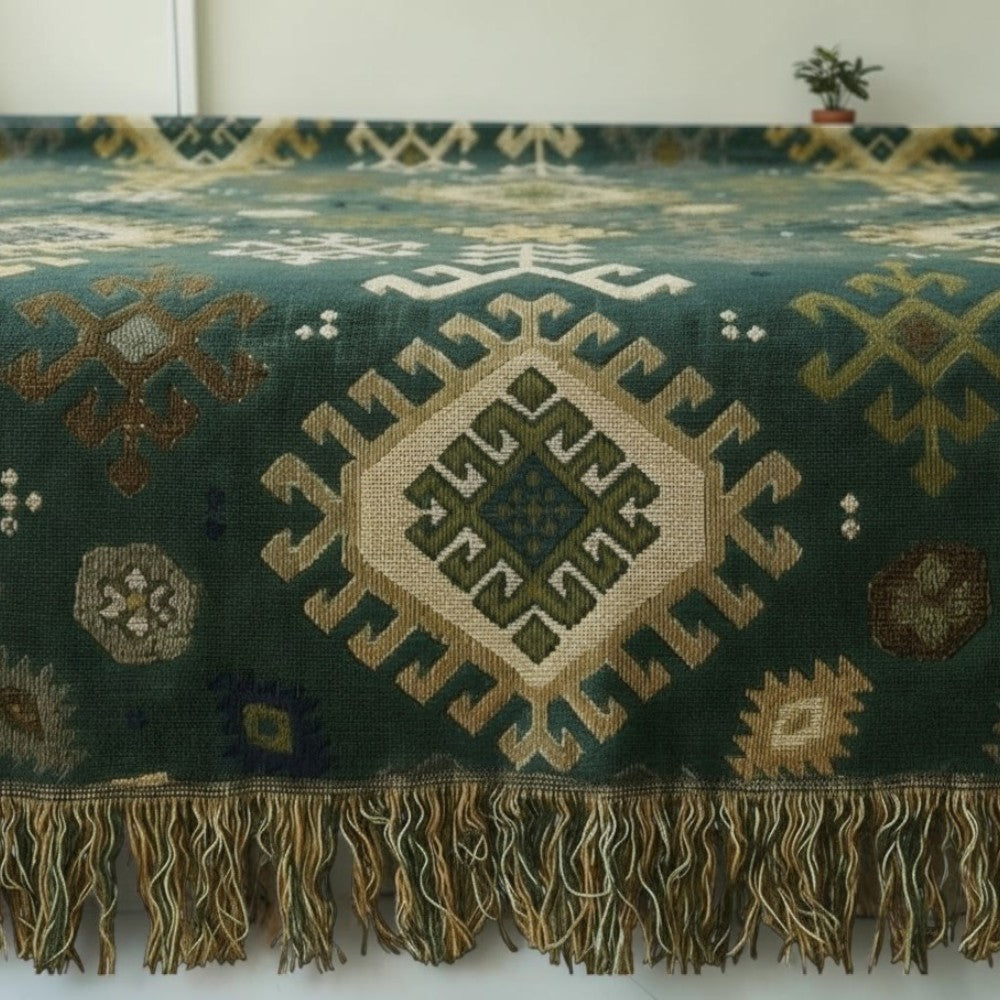 Tribal-Inspired Cotton Fringe Throw Blanket