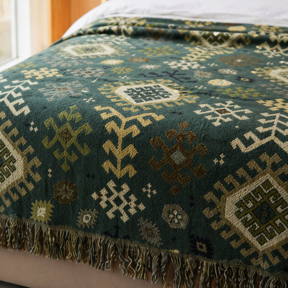 Tribal-Inspired Cotton Fringe Throw Blanket