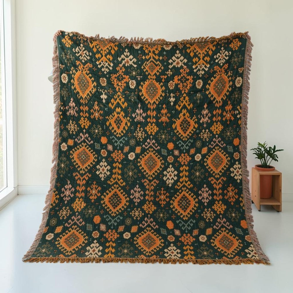 Tribal-Inspired Cotton Fringe Throw Blanket