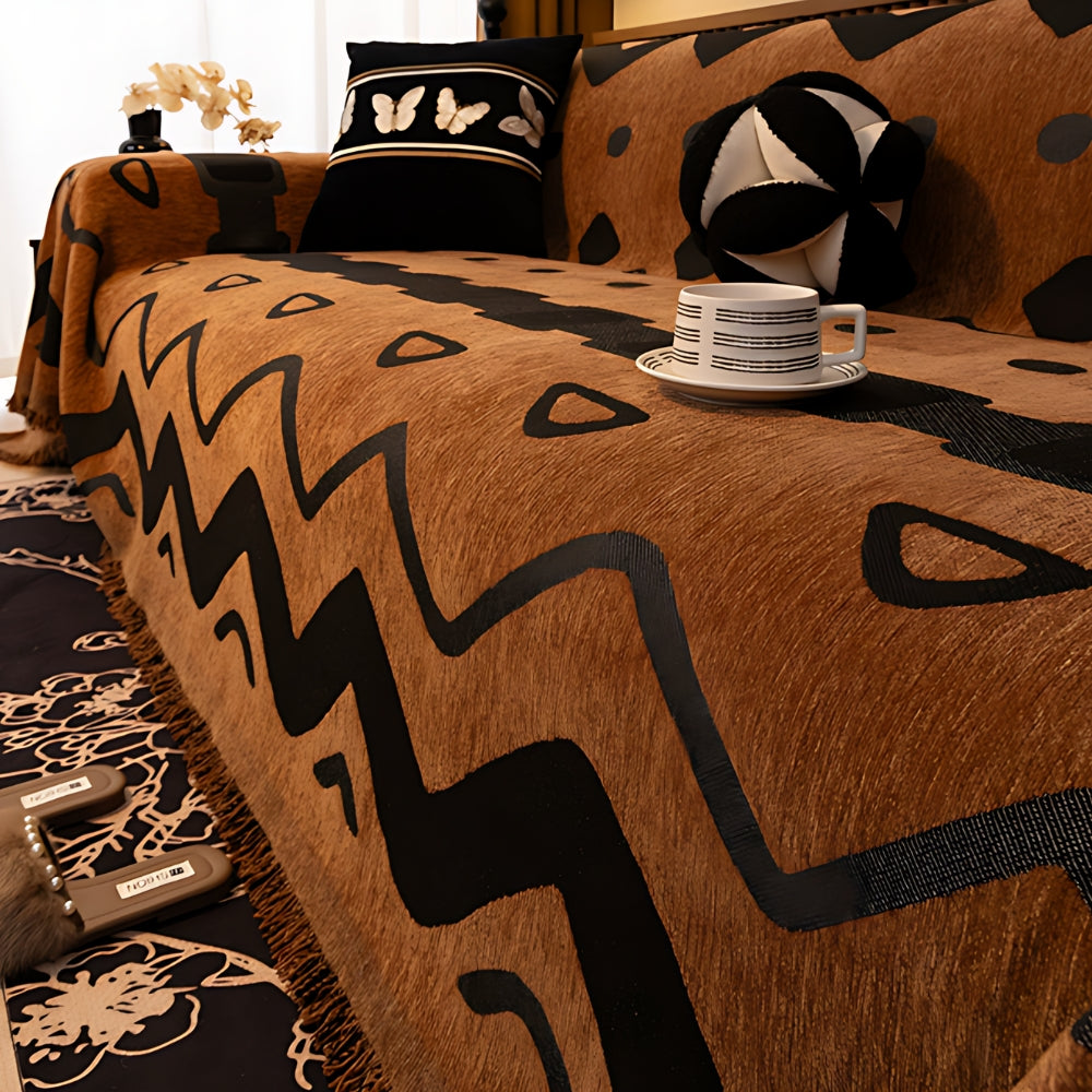 Tribal Chenille Sofa Cover with Abstract Patterns