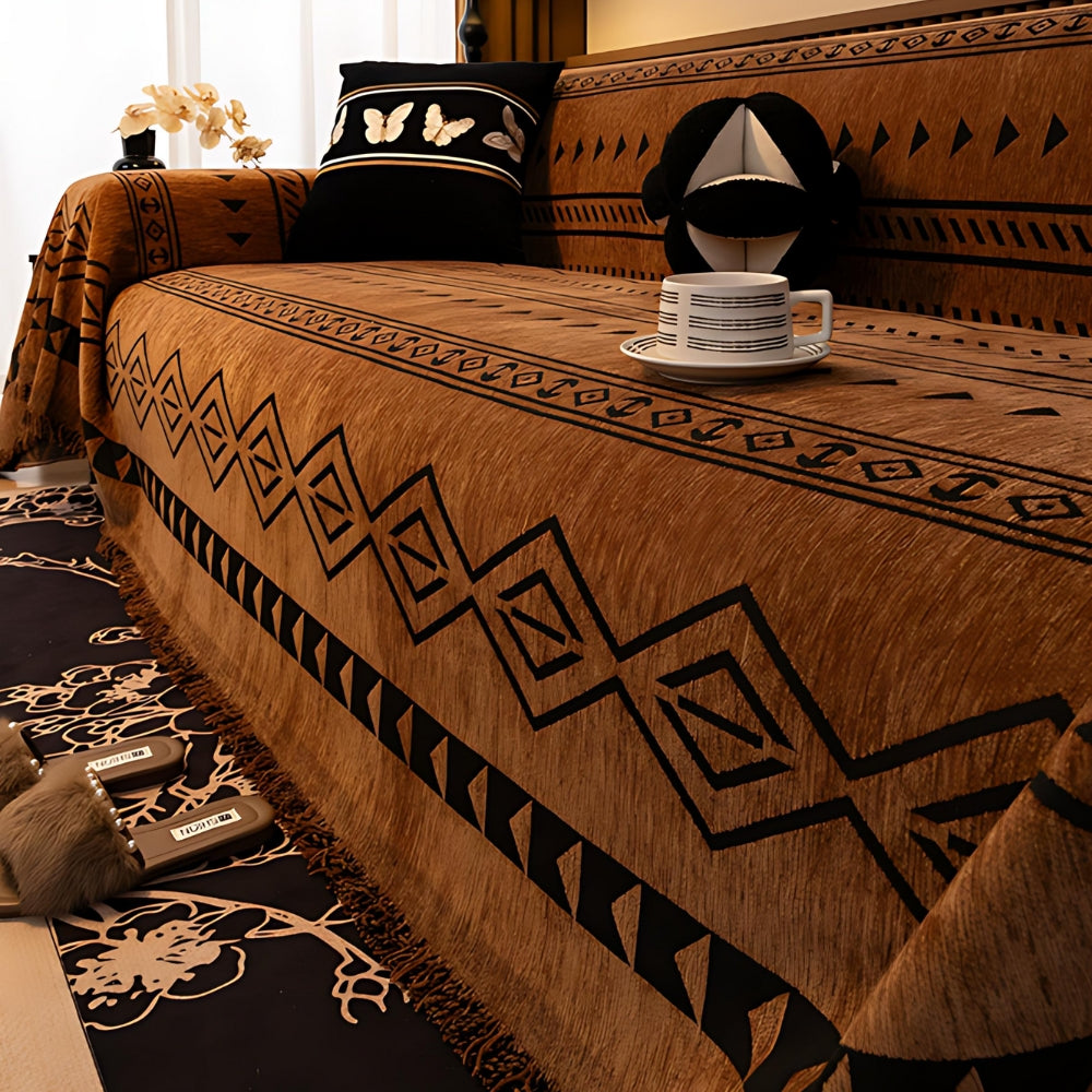 Tribal Chenille Sofa Cover with Abstract Patterns