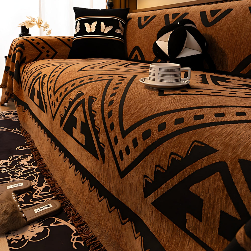 Tribal Chenille Sofa Cover with Abstract Patterns