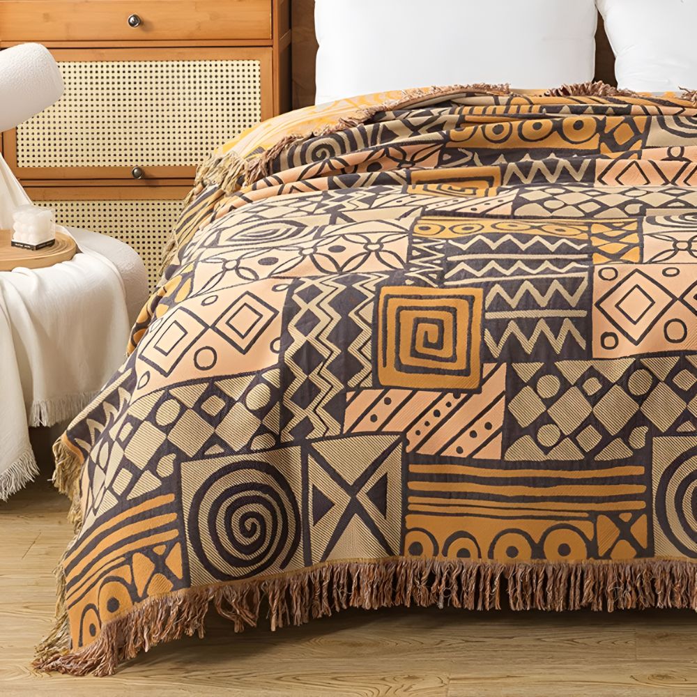 Reversible Tribal Patchwork Cotton Blanket with Tassels