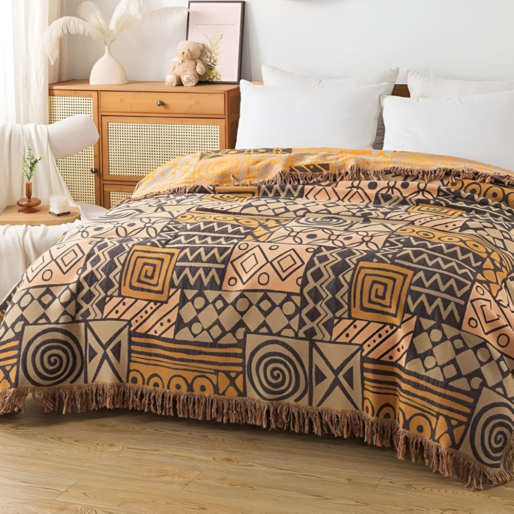 Reversible Tribal Patchwork Cotton Blanket with Tassels