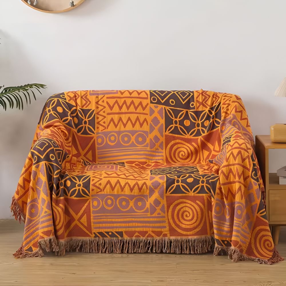 Reversible Tribal Patchwork Cotton Blanket with Tassels