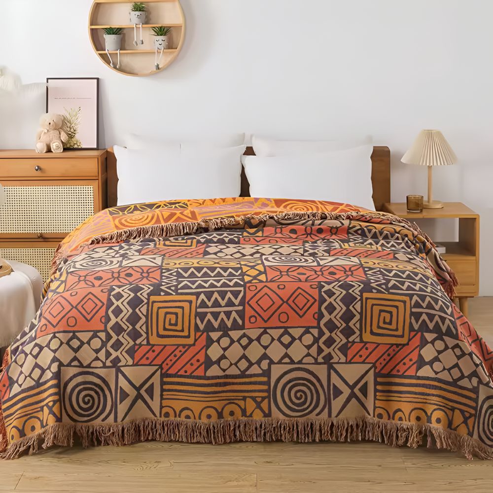 Reversible Tribal Patchwork Cotton Blanket with Tassels