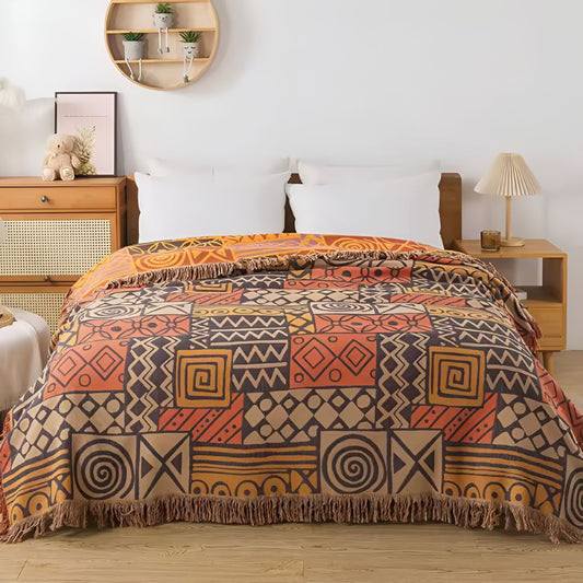 Reversible Tribal Patchwork Cotton Blanket with Tassels