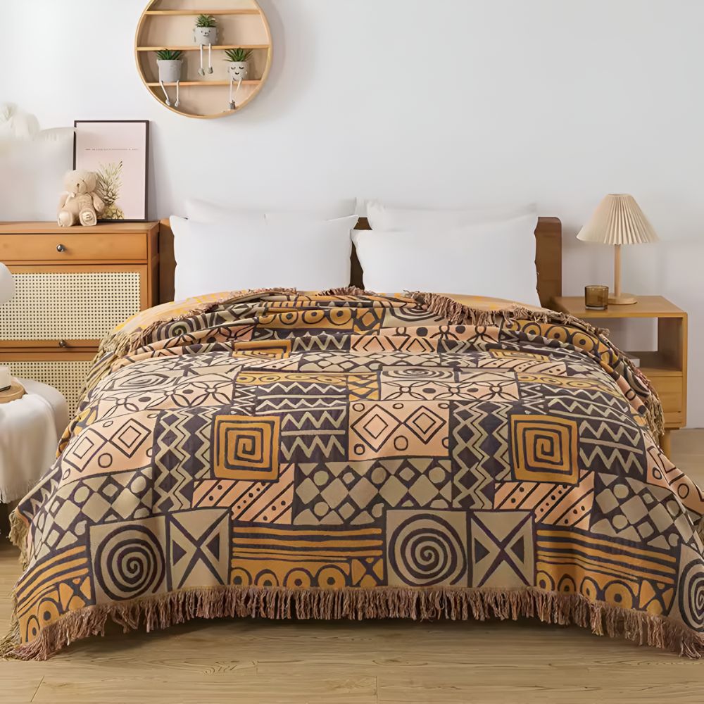 Reversible Tribal Patchwork Cotton Blanket with Tassels