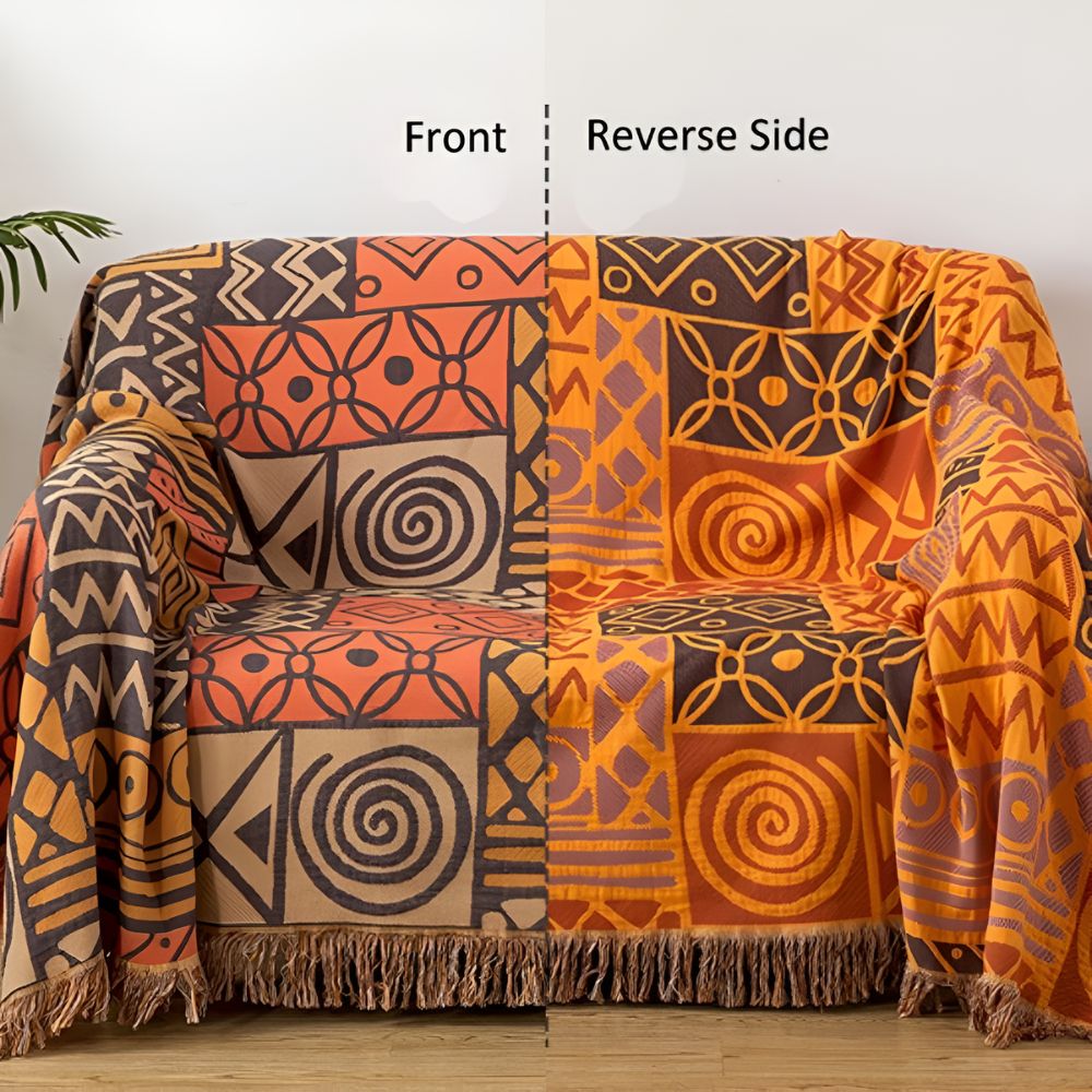 Reversible Tribal Patchwork Cotton Blanket with Tassels