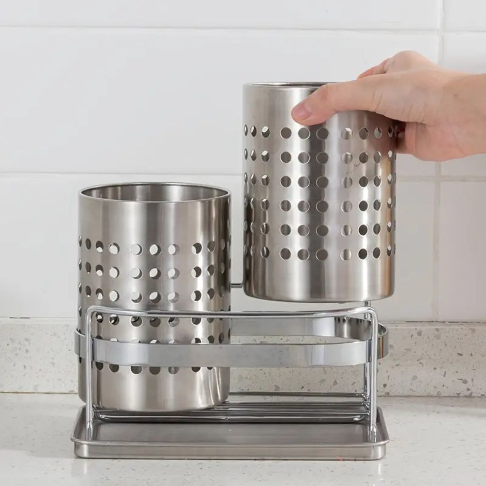 Stainless Steel Kitchen Cutlery Organizer with Drainage Tray