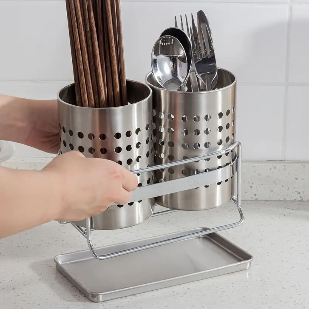 Stainless Steel Kitchen Cutlery Organizer with Drainage Tray