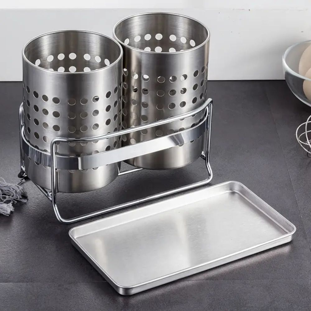 Stainless Steel Kitchen Cutlery Organizer with Drainage Tray