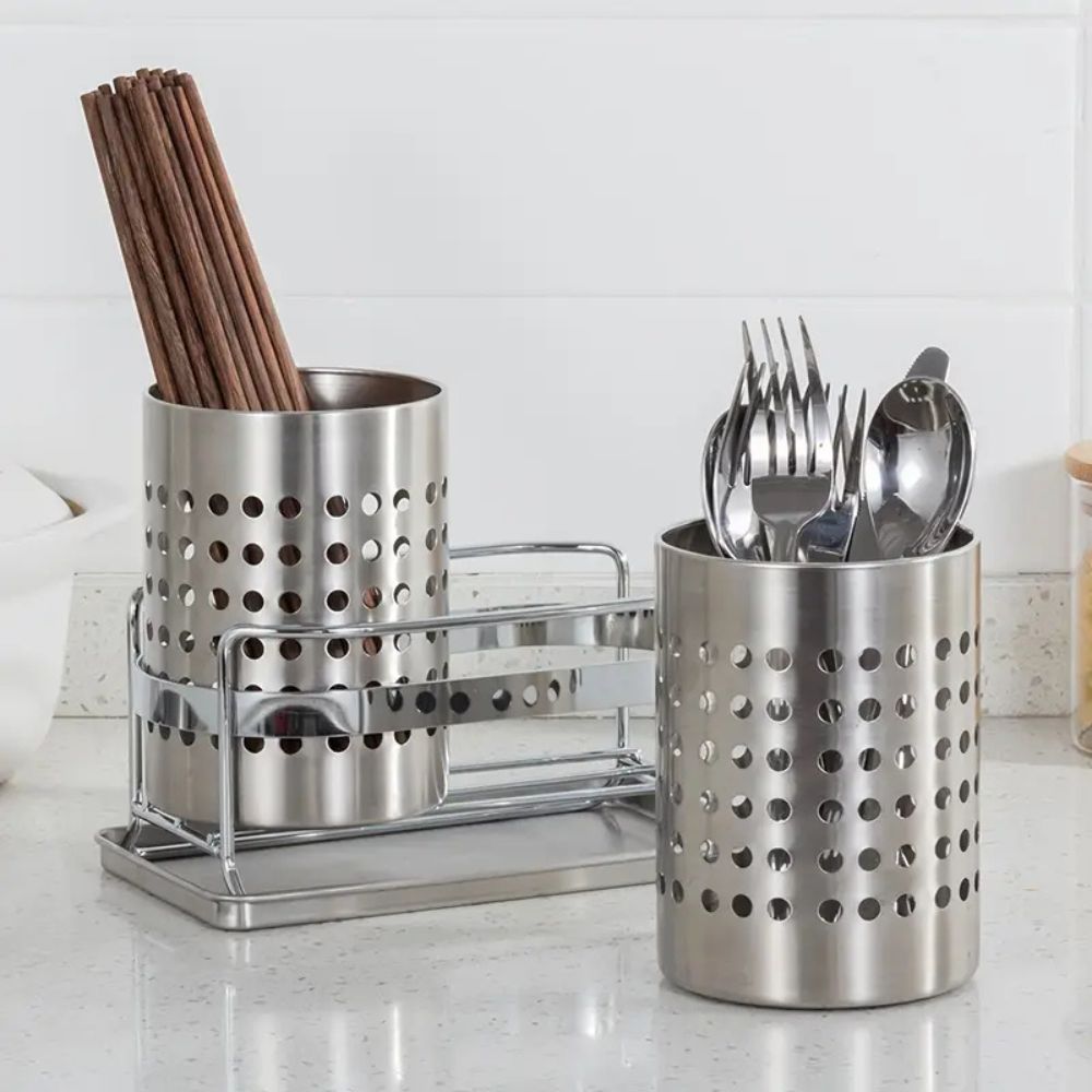 Stainless Steel Kitchen Cutlery Organizer with Drainage Tray