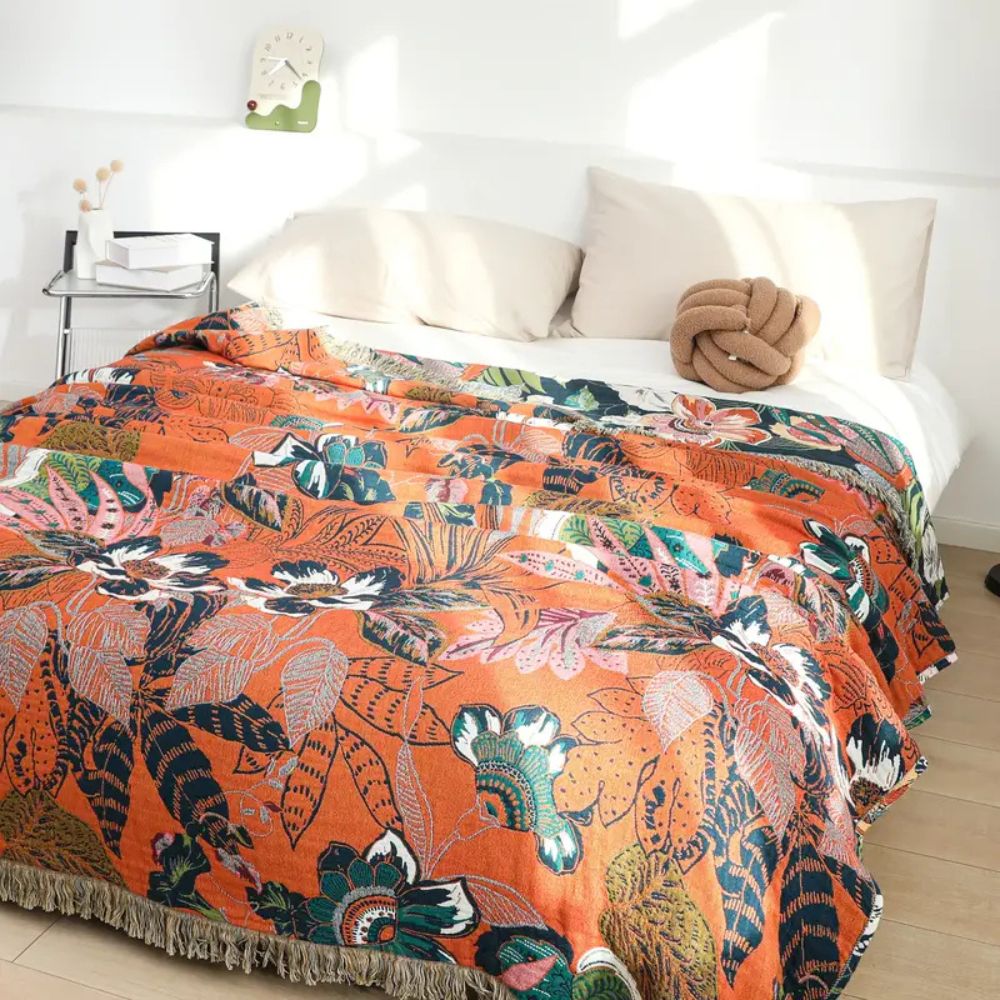 Reversible Tropical Floral Cotton Blanket with Tassels