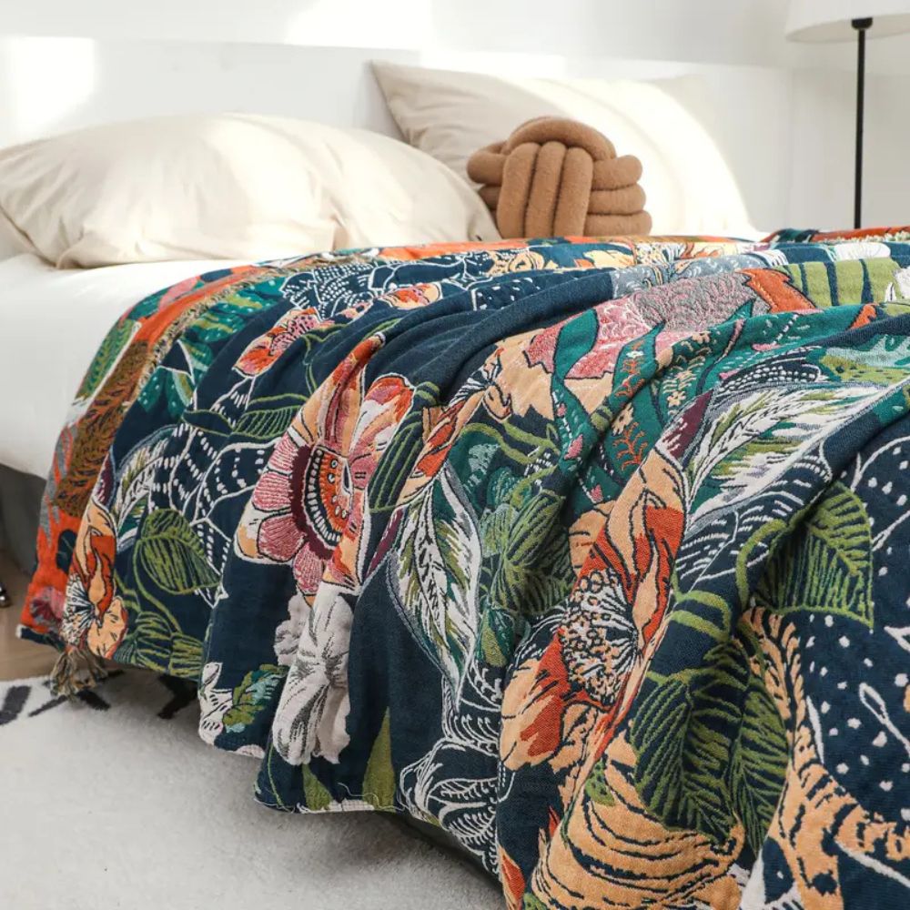 Reversible Tropical Floral Cotton Blanket with Tassels