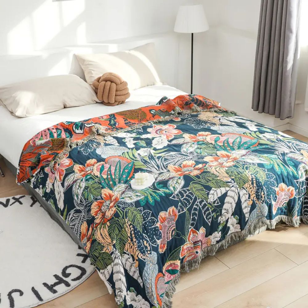 Reversible Tropical Floral Cotton Blanket with Tassels