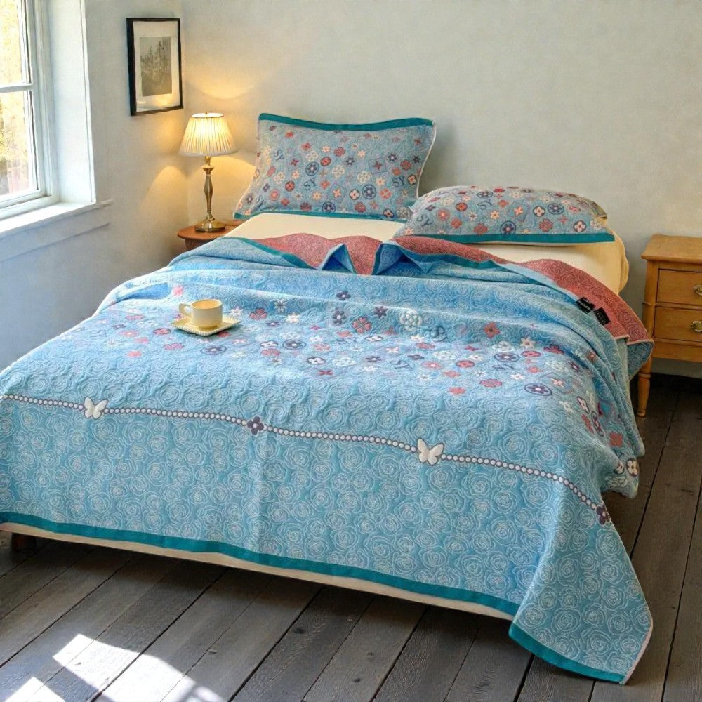 Turquoise Floral Jacquard Gauze Throw Blanket