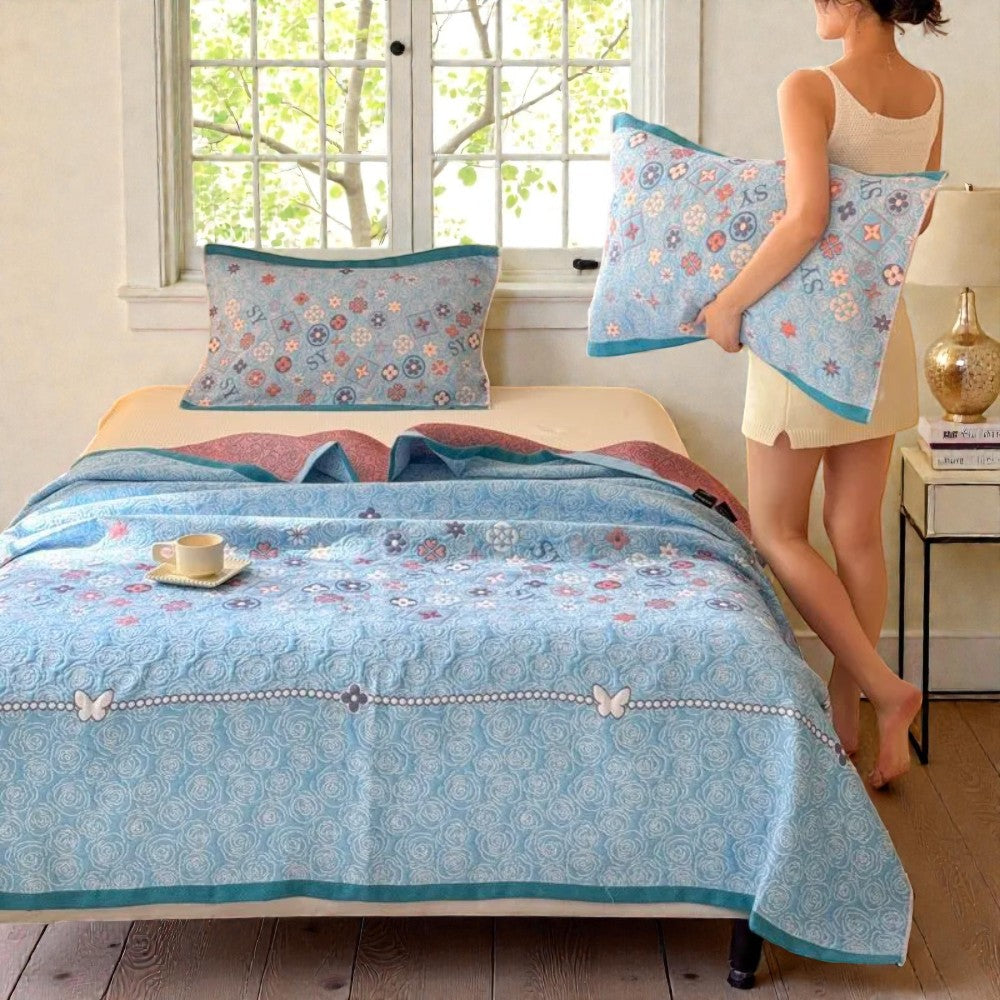 Turquoise Floral Jacquard Gauze Throw Blanket