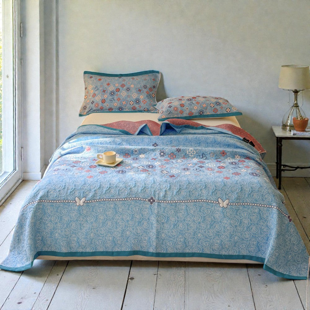 Turquoise Floral Jacquard Gauze Throw Blanket