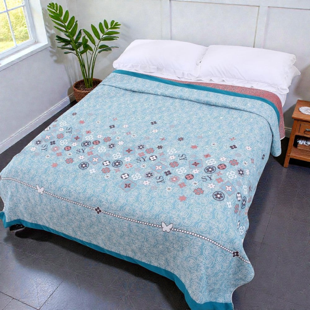 Turquoise Floral Jacquard Gauze Throw Blanket