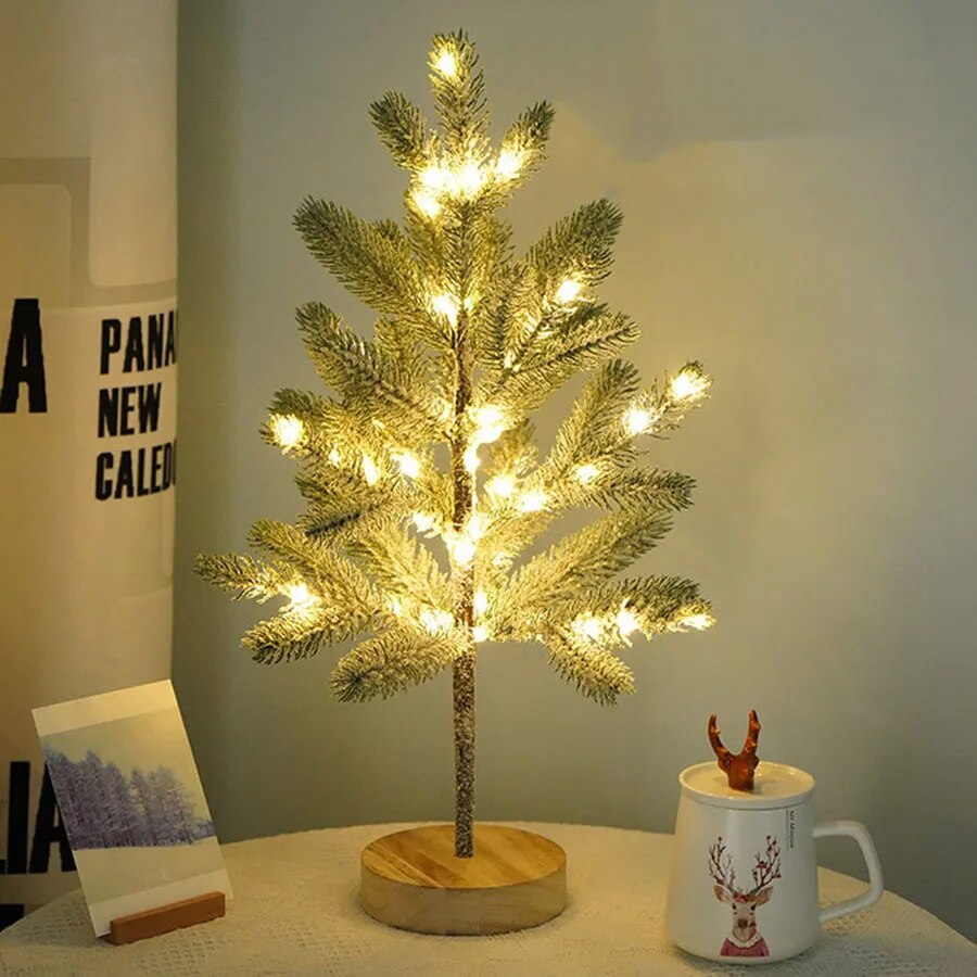 LED Christmas Tree Table Lamp with Warm White Light and Wooden Base