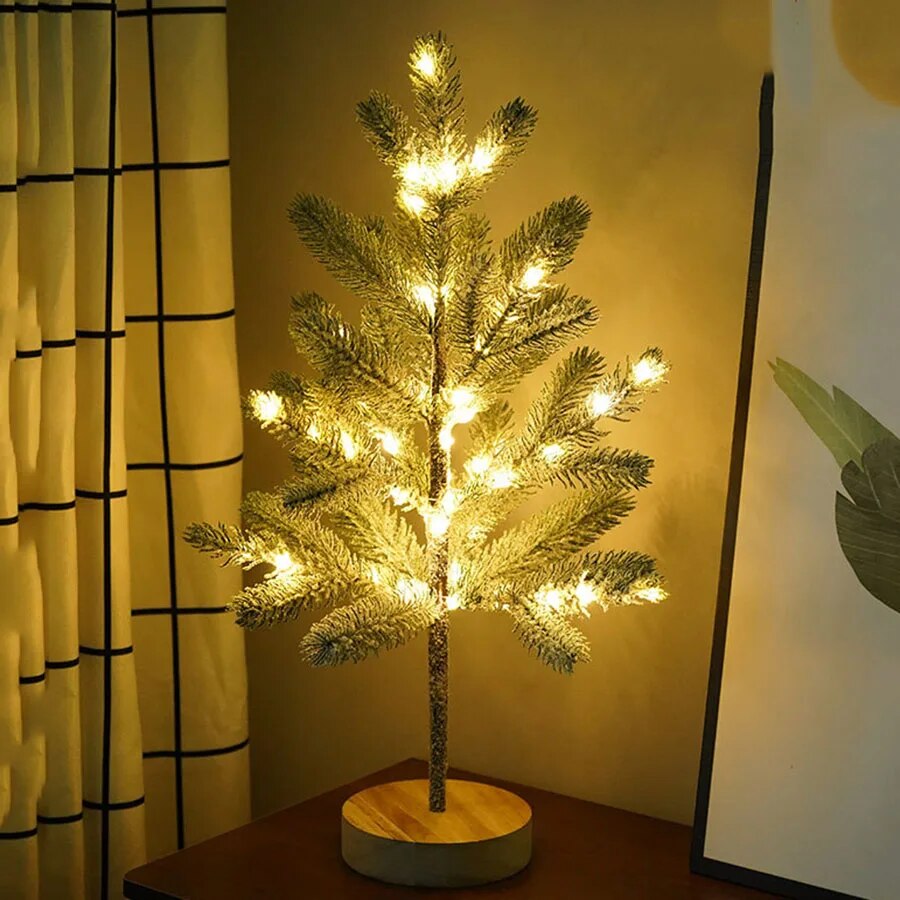 LED Christmas Tree Table Lamp with Warm White Light and Wooden Base
