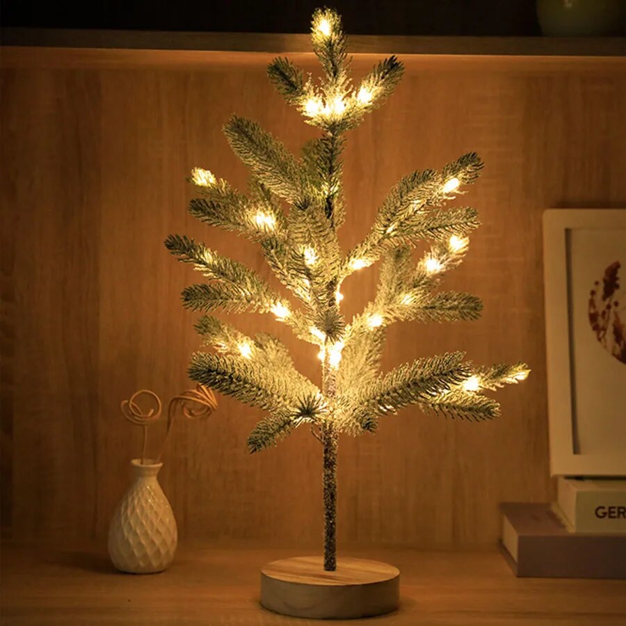 LED Christmas Tree Table Lamp with Warm White Light and Wooden Base