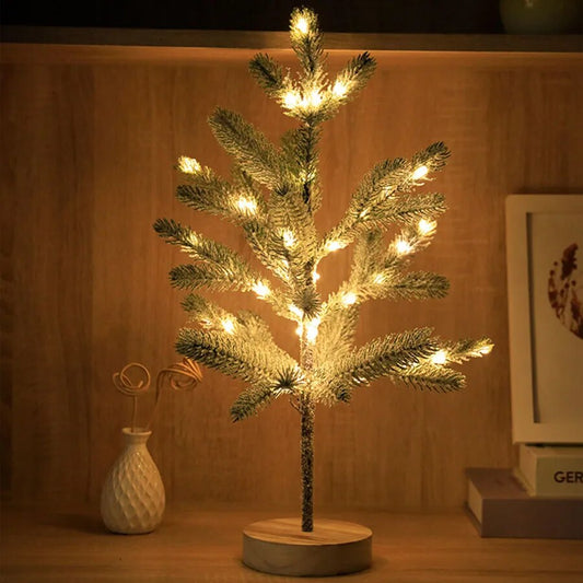 LED Christmas Tree Table Lamp with Warm White Light and Wooden Base