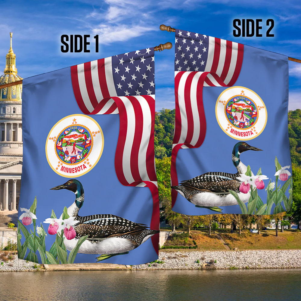 Minnesota State Lady's Slipper Flower and Loon Double-Sided Flag