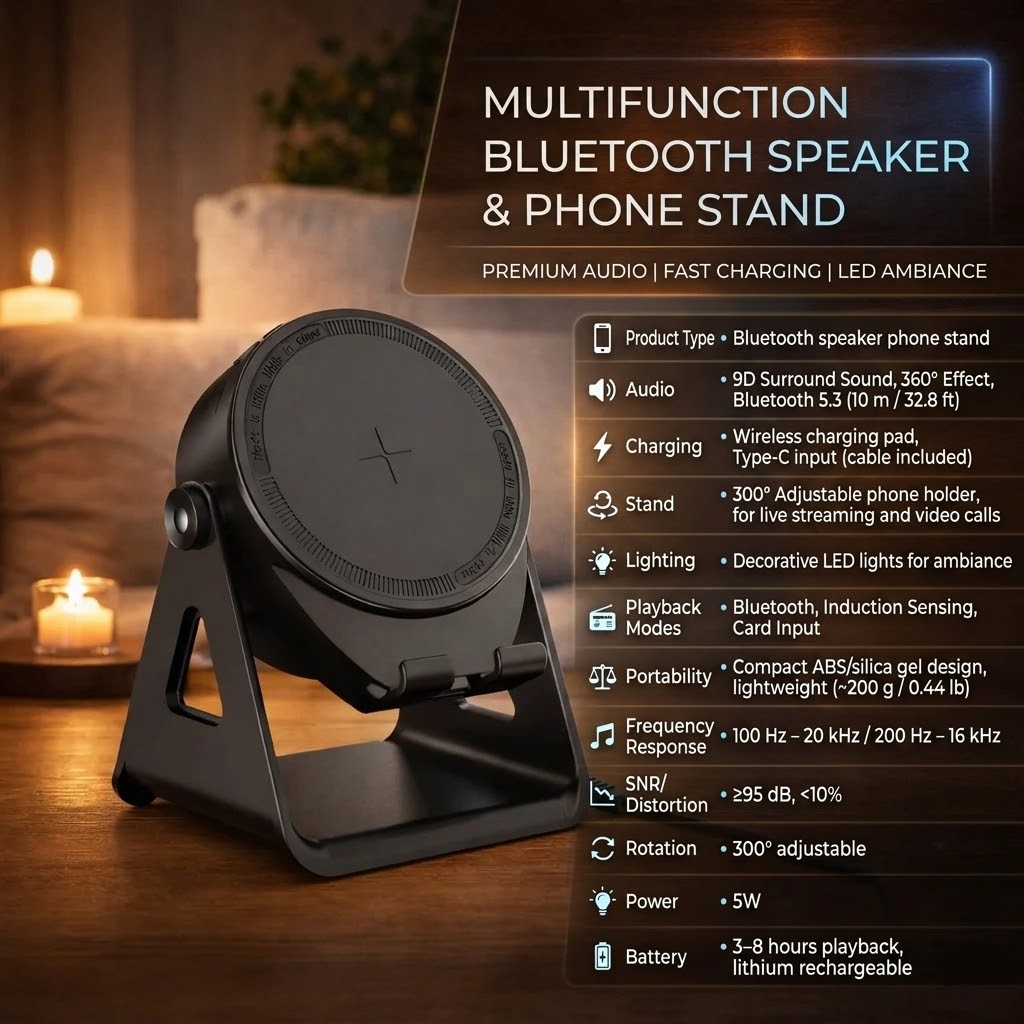 Bluetooth Speaker Phone Stand with Wireless Charging and LED Lights