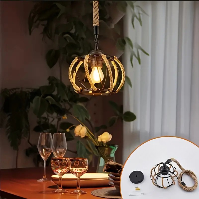 Industrial Pendant Light with Braided Cord and Metal Frame