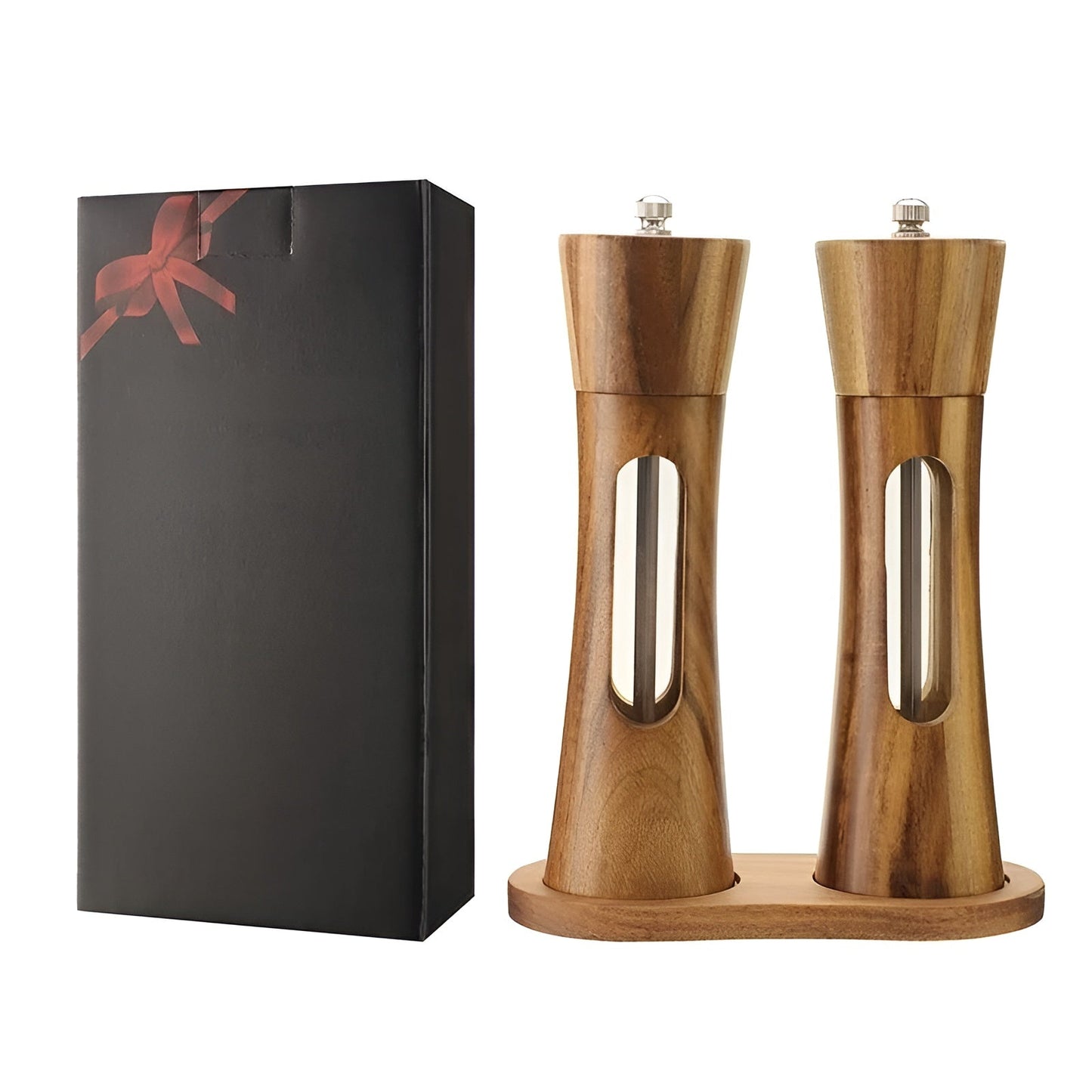 Wooden Salt and Pepper Mill Set with Acrylic Window, Adjustable Grind