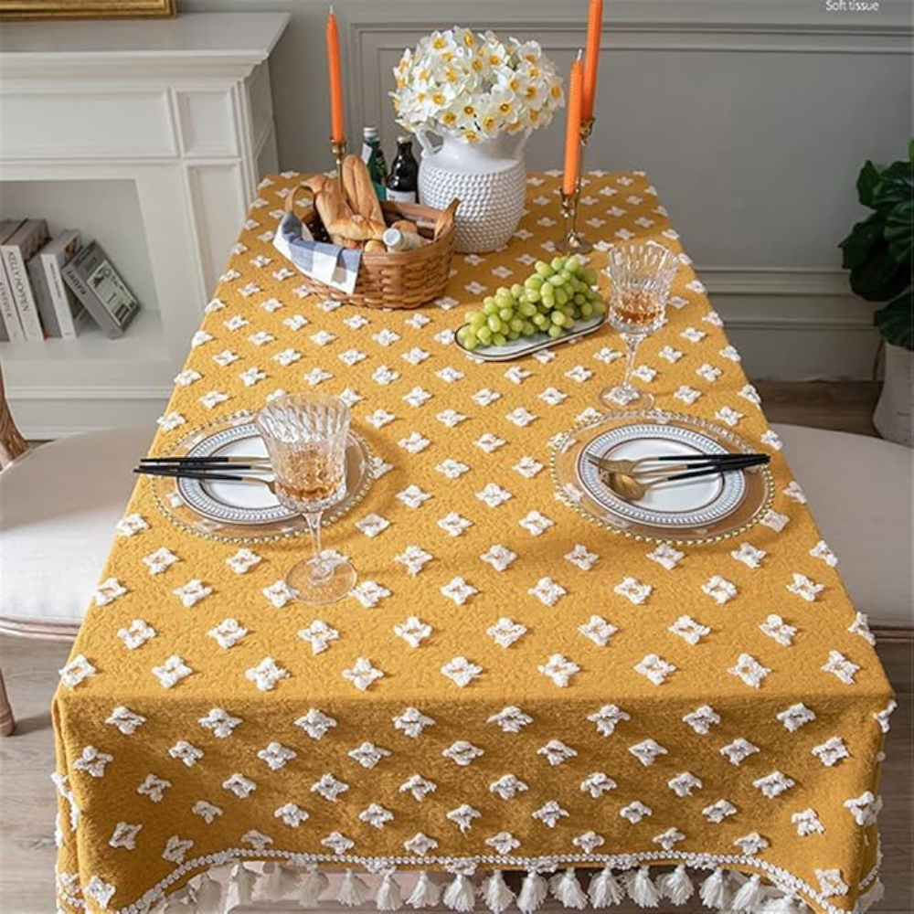 Yellow Embroidered Cotton Tablecloth with Tassels