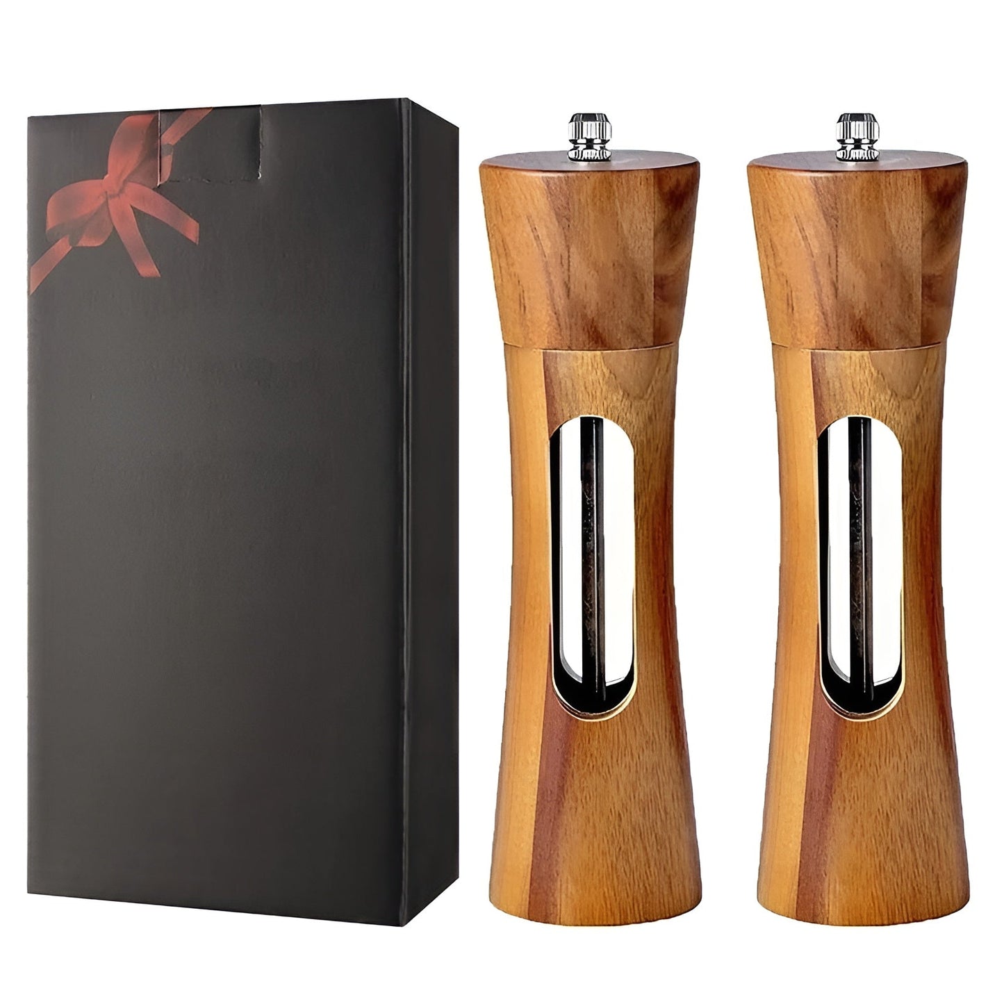 Wooden Salt and Pepper Mill Set with Acrylic Window, Adjustable Grind