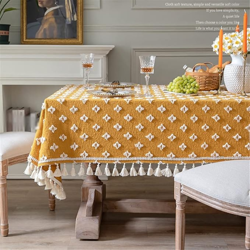Yellow Embroidered Cotton Tablecloth with Tassels
