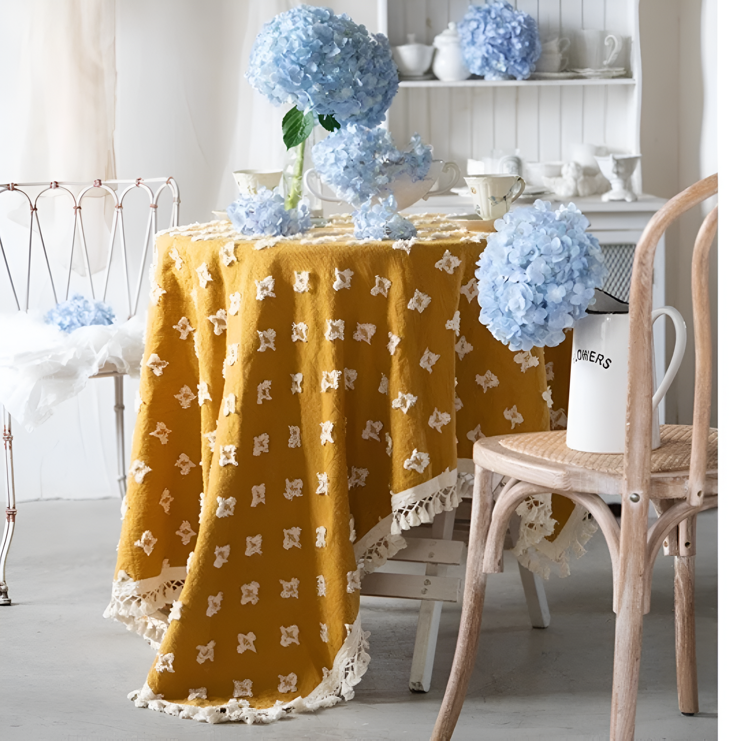Yellow Embroidered Cotton Tablecloth with Tassels