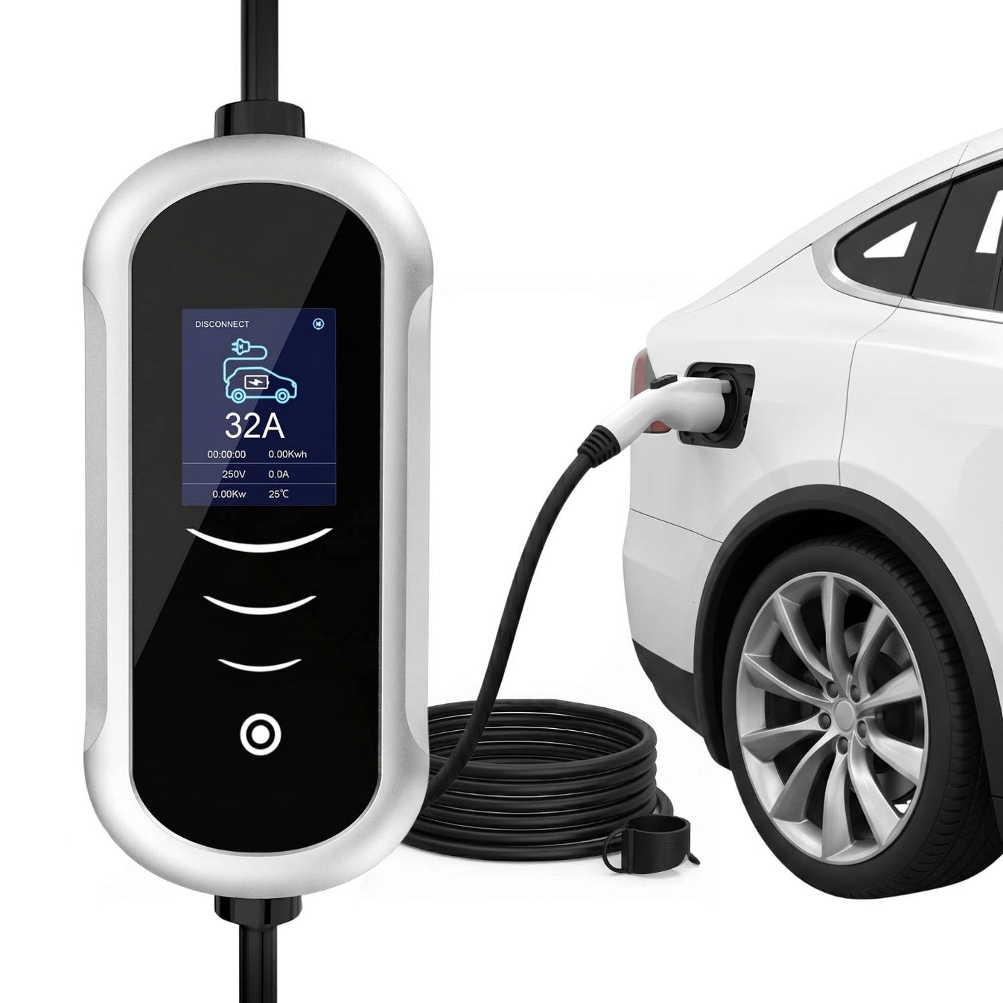 Portable 7kW 32A Type 2 EV Charger with Adjustable Amperage and OLED Display