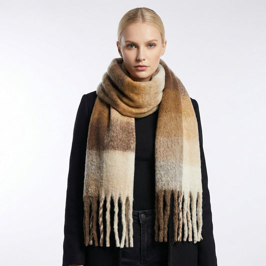 Large Soft Plaid Wool Blend Winter Scarf with Fringed Edges