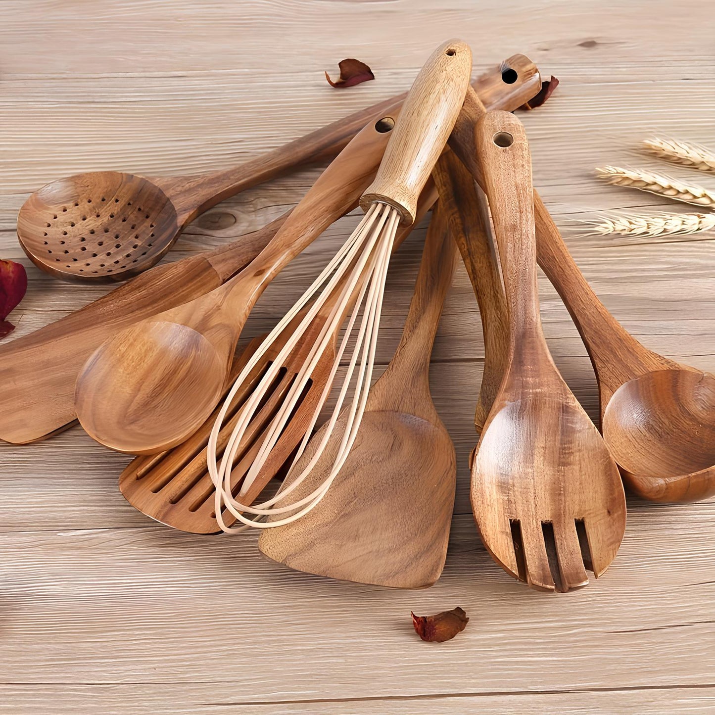 11-Piece Teak Wood Cooking Utensil Set with Countertop Holder
