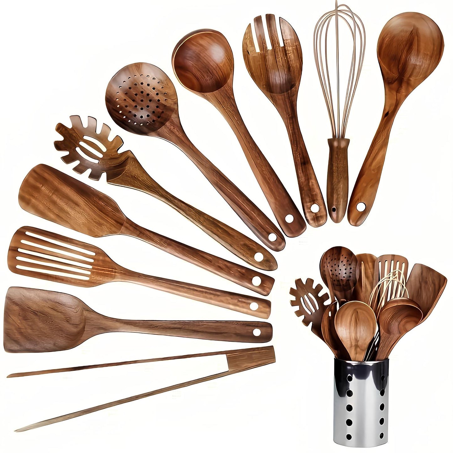 11-Piece Teak Wood Cooking Utensil Set with Countertop Holder