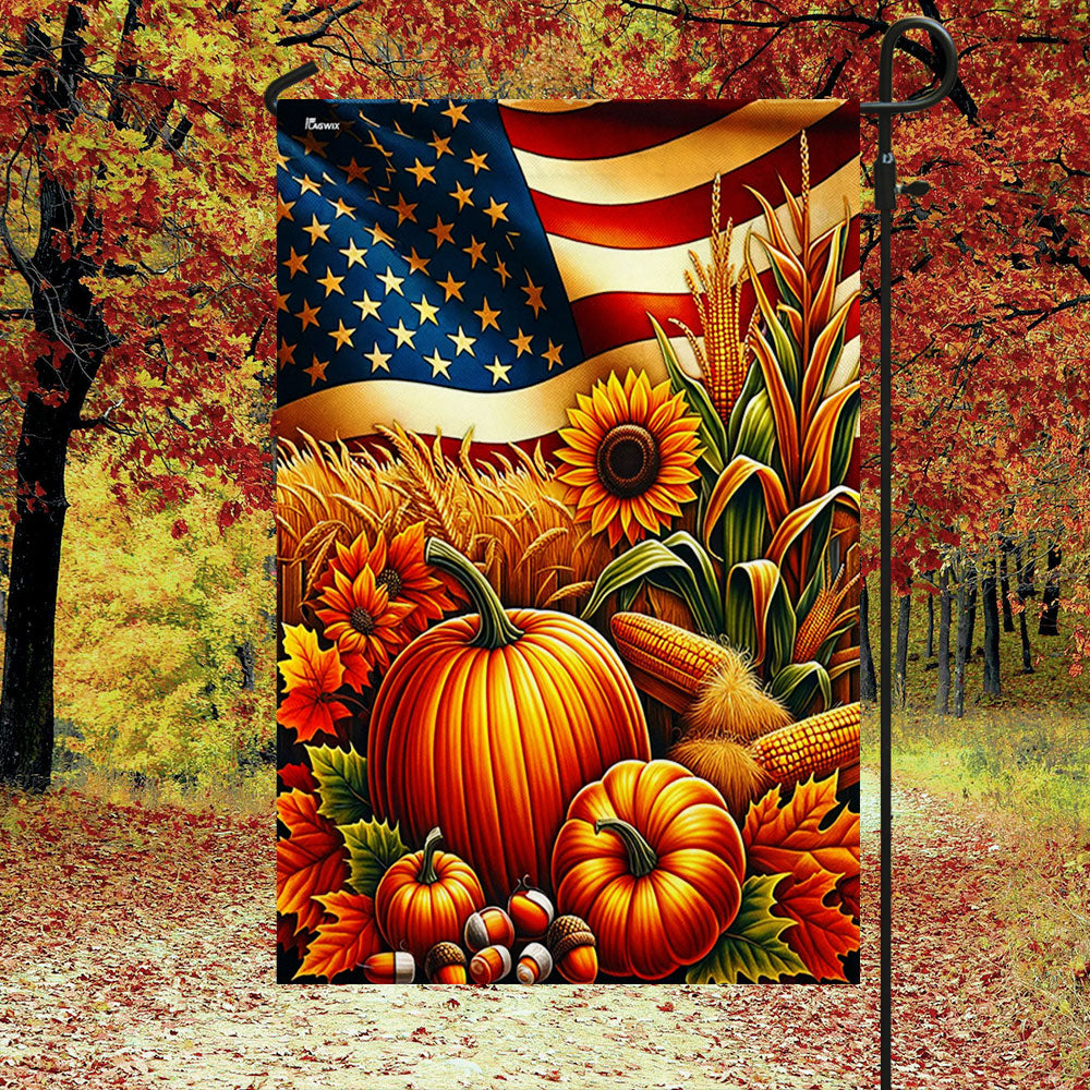 Double-Sided Fall Thanksgiving Pumpkin Flag with American Flag Design