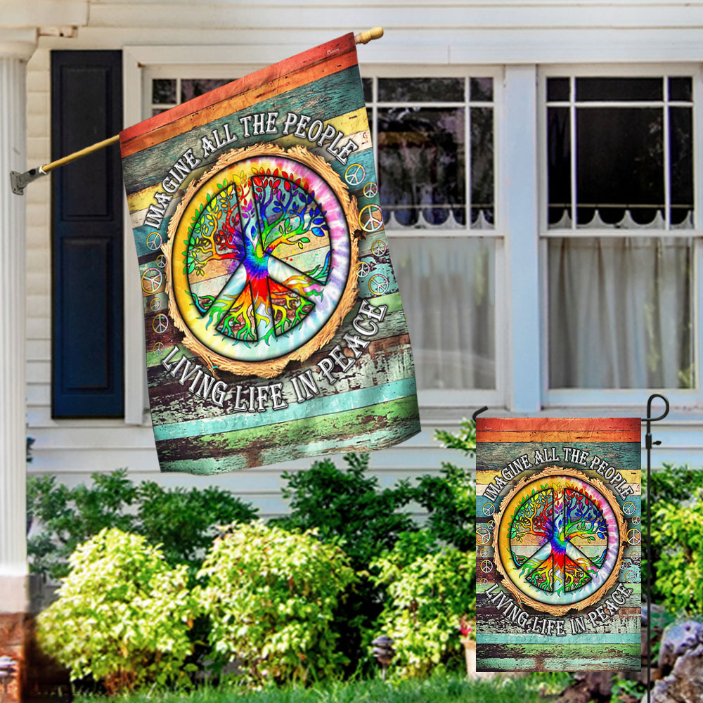 Imagine All The People Living Life In Peace Hippie Flag