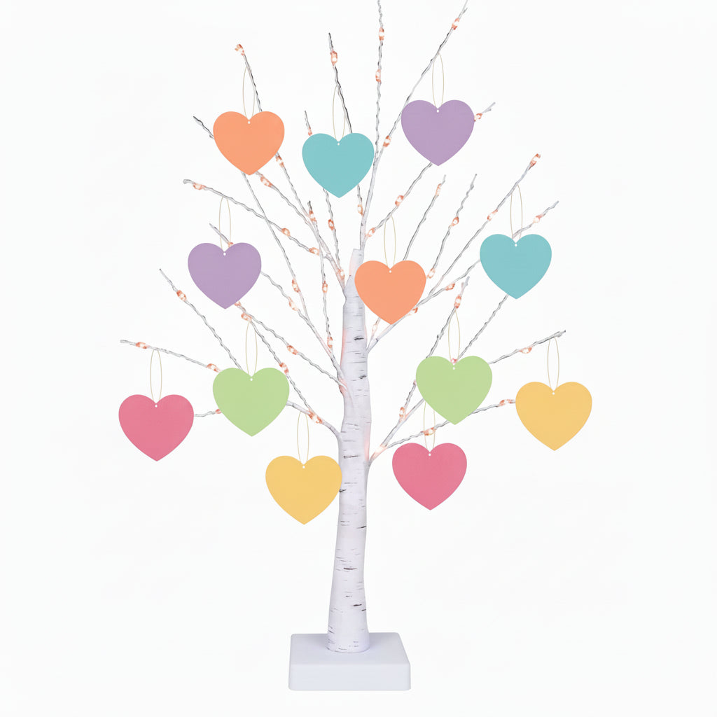 Lighted Valentine Tree with Heart Ornaments and Timer